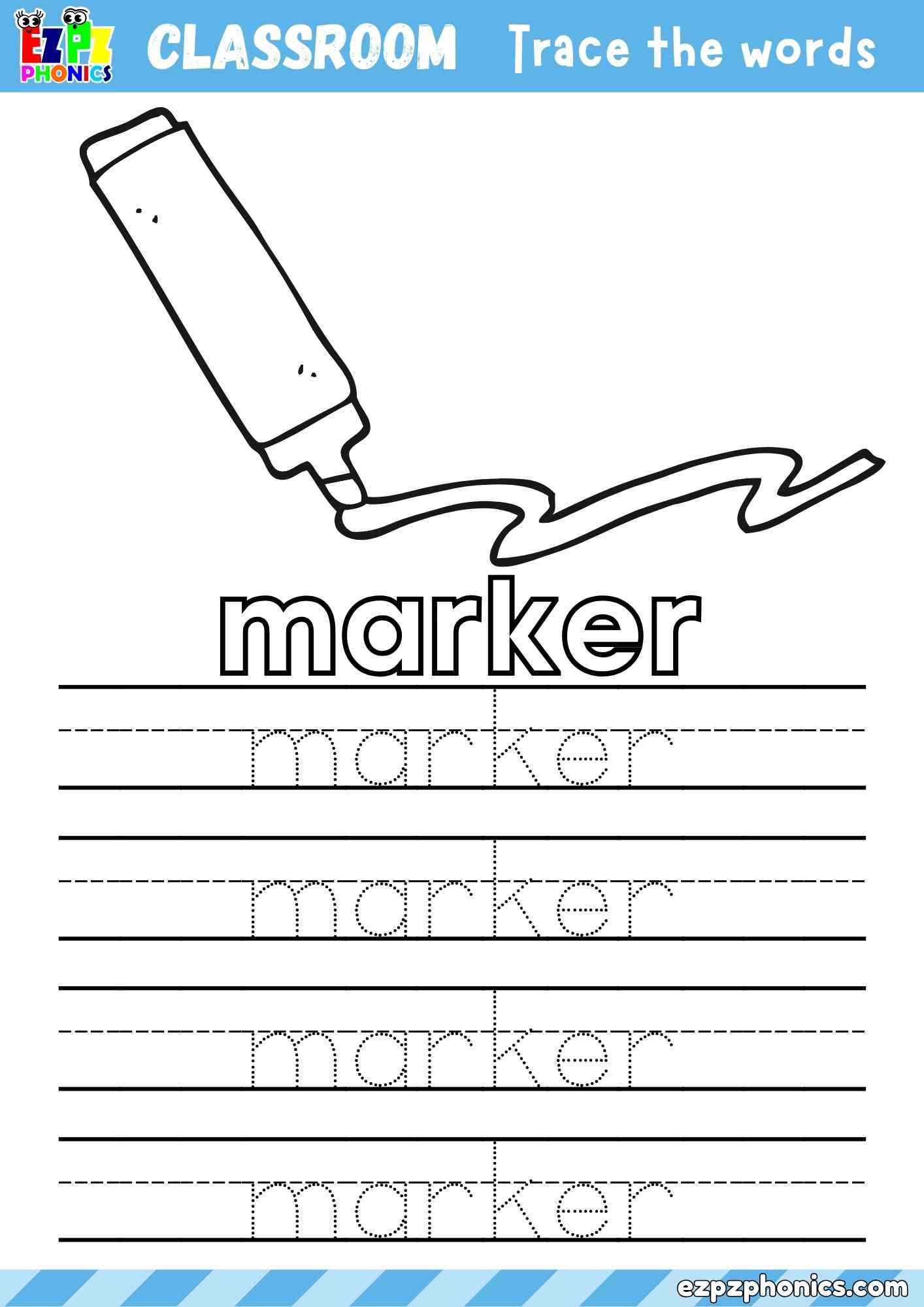 Marker - Classroom Objects Vocabulary Word Tracing Activity - Color the Marker and Trace the Word Marker (Free PDF Download) 